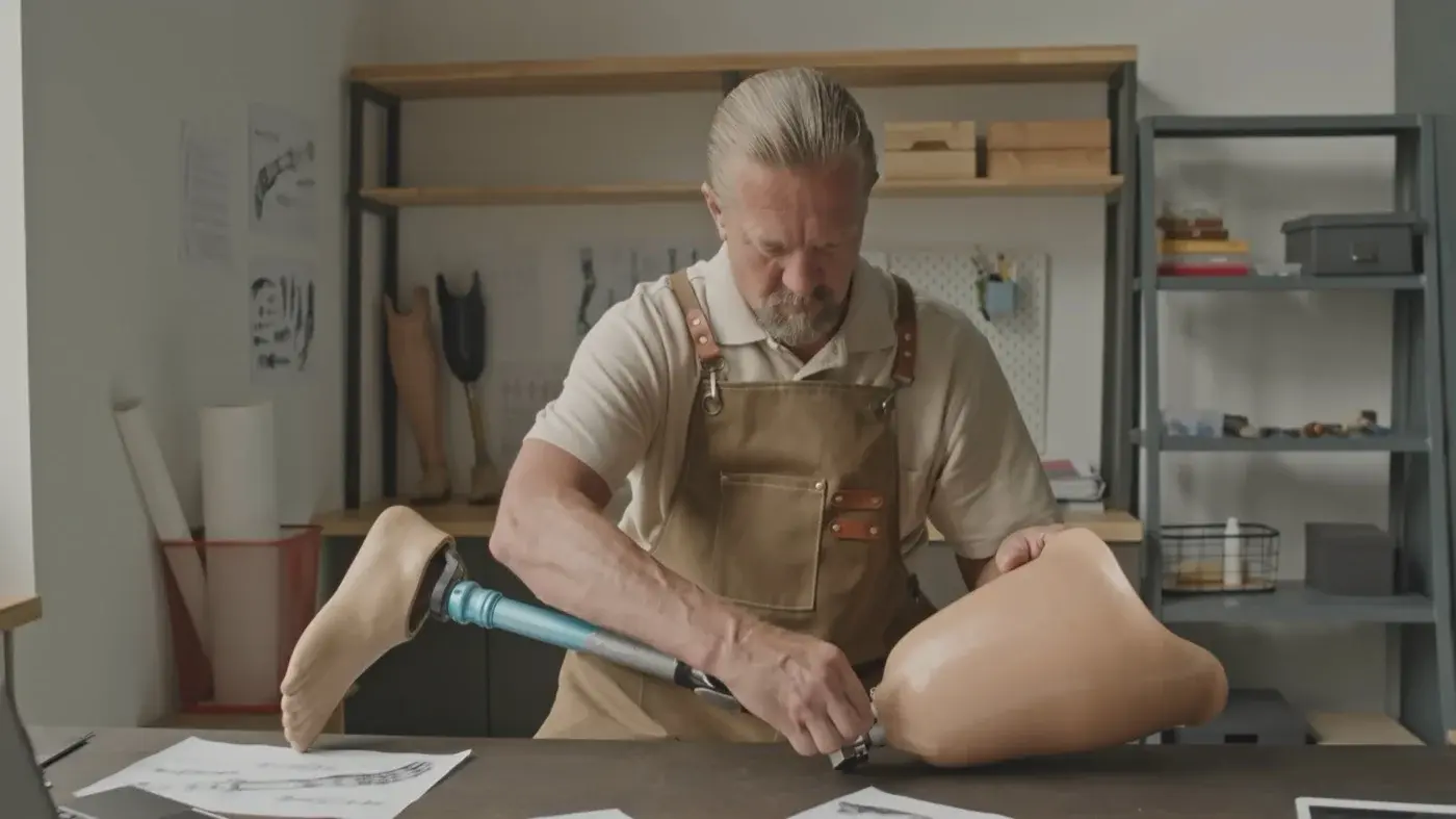 Prosthetic workshop showing advanced engineering equipment and manufacturing process